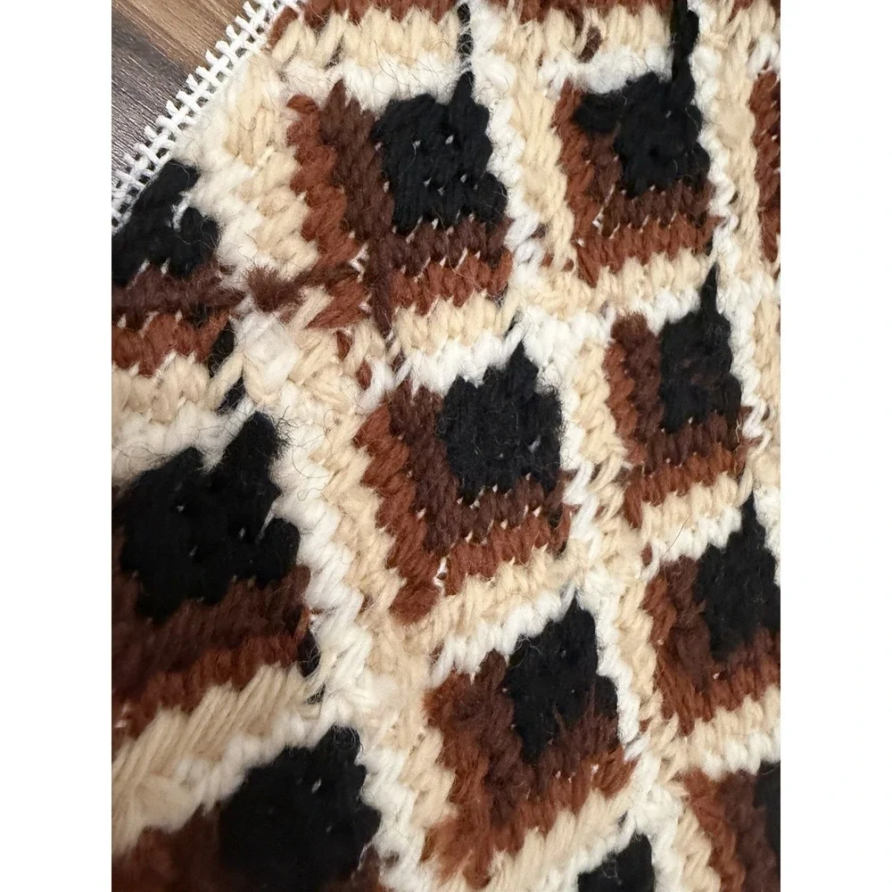 Vintage Latch Hook Rug Brown Cream Black Geometric Retro 1970s Wall Hanging